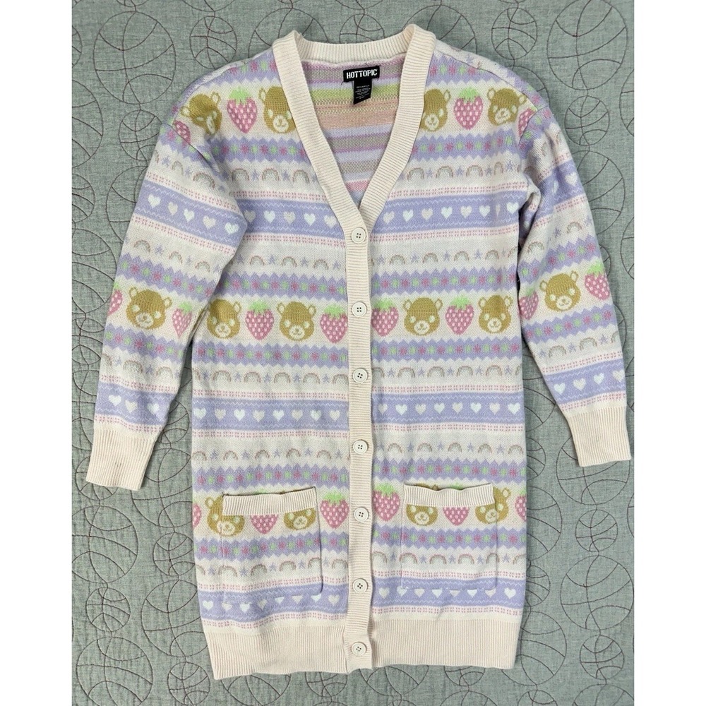 Hot Topic Cardigan Pastel Teddy Bear Strawberry / Women's Small